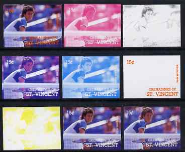 St Vincent - Grenadines 1988 International Tennis Players 15c Pam Shriver - the set of 9 imperf progressive proofs comprising the 5 individual colours plus 2, 3, 4 & all 5-colour composites, unmounted mint, as SG 582, stamps on personalities, stamps on tennis, stamps on sport