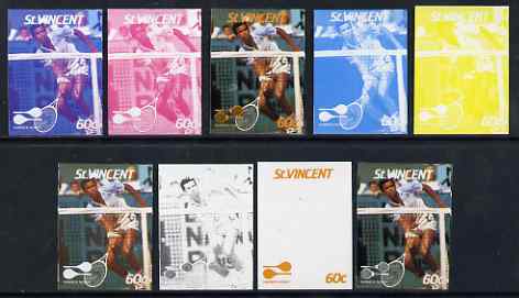 St Vincent 1987 International Tennis Players 60c Yannick Noah - the set of 9 imperf progressive proofs comprising the 5 individual colours plus 2, 3, 4 & all 5-colour composites, unmounted mint, as SG 1058, stamps on personalities, stamps on tennis, stamps on sport