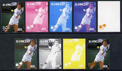 St Vincent 1987 International Tennis Players 80c Ivan Lendl - the set of 9 imperf progressive proofs comprising the 5 individual colours plus 2, 3, 4 & all 5-colour composites, unmounted mint, as SG 1059, stamps on personalities, stamps on tennis, stamps on sport