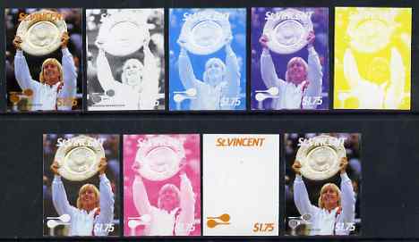 St Vincent 1987 International Tennis Players $1.75 Martina Navratilova - the set of 9 imperf progressive proofs comprising the 5 individual colours plus 2, 3, 4 & all 5-colour composites, unmounted mint, as SG 1063, stamps on personalities, stamps on tennis, stamps on sport