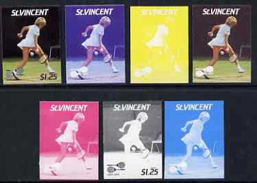 St Vincent 1987 International Tennis Players $1.25 Steffi Graf - the set of 7 imperf progressive proofs comprising the 4 individual colours plus 2, 3 & all 4-colour composites, unmounted mint, as SG 1061, stamps on personalities, stamps on tennis, stamps on sport