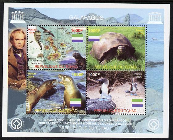 Chad 2008 Galapagos perf sheet containing 4 values, unmounted mint. Note this item is privately produced and is offered purely on its thematic appeal. , stamps on animals, stamps on maps, stamps on tortoises, stamps on darwin, stamps on seals, stamps on lizards