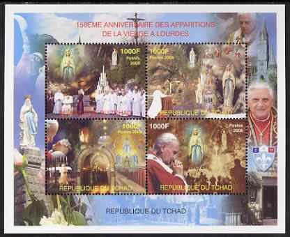 Chad 2008 150th Anniversary of the Apparition at Lourdes perf sheet containing 4 values, unmounted mint. Note this item is privately produced and is offered purely on its..., stamps on religion, stamps on pope, stamps on 