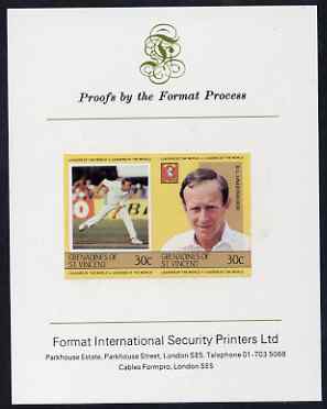 St Vincent - Grenadines 1984 Cricketers #1 D Underwood 30c se-tenant imperf pair mounted on Format International proof card (as SG 297a), stamps on personalities, stamps on cricket, stamps on sport