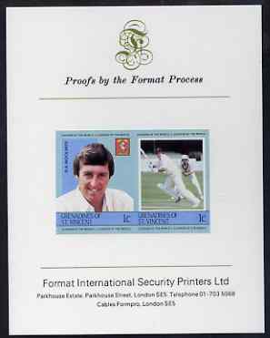 St Vincent - Grenadines 1984 Cricketers #1 R A Woolmer 1c se-tenant imperf pair mounted on Format International proof card (as SG 291a), stamps on , stamps on  stamps on personalities, stamps on  stamps on cricket, stamps on  stamps on sport