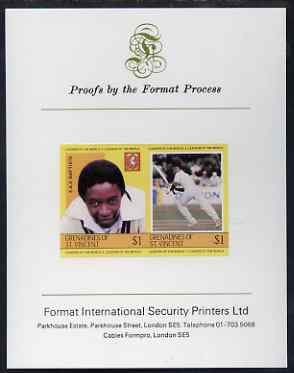 St Vincent - Grenadines 1984 Cricketers #1 E A Baptiste $1 se-tenant imperf pair mounted on Format International proof card (as SG 301a), stamps on personalities, stamps on cricket, stamps on sport