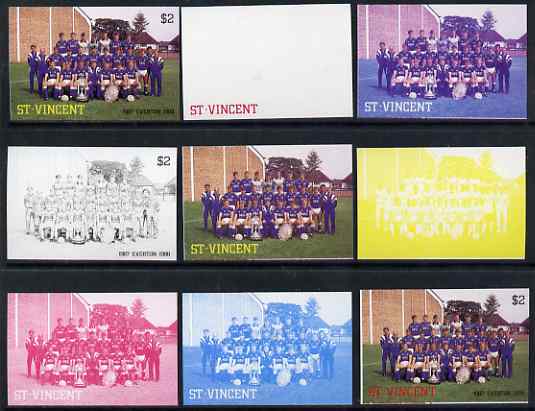 St Vincent 1987 English Football teams $2 Everton - the set of 9 imperf progressive proofs comprising the 5 individual colours plus 2, 3, 4 & all 5-colour composites, unmounted mint, as SG 1090, stamps on personalities, stamps on football, stamps on sport