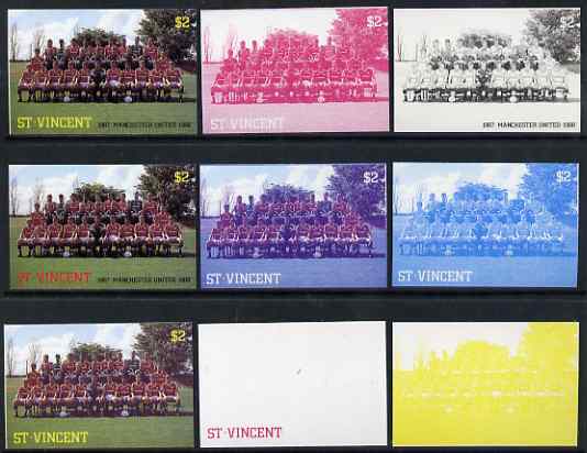 St Vincent 1987 English Football teams $2 Manchester United - the set of 9 imperf progressive proofs comprising the 5 individual colours plus 2, 3, 4 & all 5-colour composites, unmounted mint, as SG 1091, stamps on personalities, stamps on football, stamps on sport