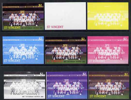 St Vincent 1987 English Football teams $2 Tottenham Hotspur - the set of 9 imperf progressive proofs comprising the 5 individual colours plus 2, 3, 4 & all 5-colour composites, unmounted mint, as SG 1092, stamps on personalities, stamps on football, stamps on sport