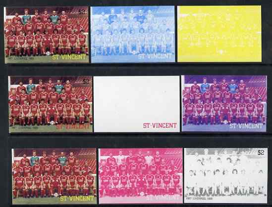 St Vincent 1987 English Football teams $2 Liverpool - the set of 9 imperf progressive proofs comprising the 5 individual colours plus 2, 3, 4 & all 5-colour composites, unmounted mint, as SG 1094, stamps on personalities, stamps on football, stamps on sport