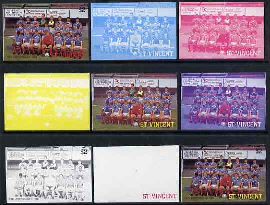St Vincent 1987 English Football teams $2 Portsmouth - the set of 9 imperf progressive proofs comprising the 5 individual colours plus 2, 3, 4 & all 5-colour composites, unmounted mint, as SG 1096, stamps on personalities, stamps on football, stamps on sport