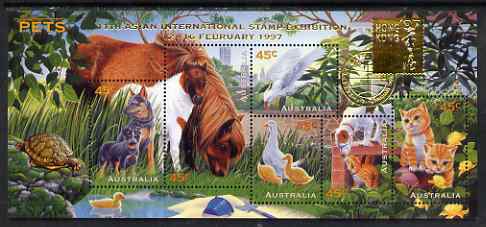 Australia 1997 Pets m/sheet optd for 11th Asian International Stamp Exhibition Hong Kong, SG MS 1651var unmounted mint, stamps on animals, stamps on cats, stamps on dogs, stamps on horses, stamps on birds