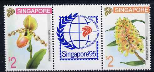 Singapore 1995 Stamp Exhibition - Orchids se-tenant strip of three (2 stamps and one label) unmounted mint as SG 795-96 , stamps on , stamps on  stamps on orchids, stamps on  stamps on stamp exhibitions