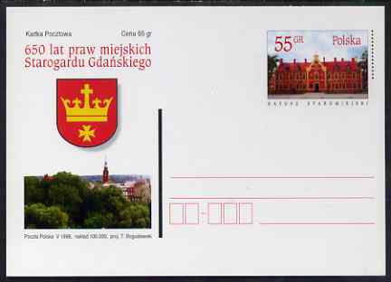 Poland 1998 55gr Postal Stationery Card for 650 years of Urban Gardens unused and pristine, stamps on architecture, stamps on arms, stamps on heraldry