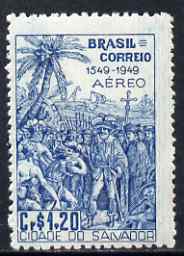 Brazil 1949 De Souza meeting Indians 1cr20 from Founding of Bahia set of 2, unmounted mint but few gum wrinkles, SG 787, stamps on explorers, stamps on ships