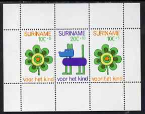 Surinam 1973 Child Welfare m/sheet (featuring stylised flower & dog) unmounted mint, SG MS761, stamps on dogs, stamps on flowers