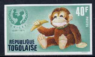 Togo 1971 Toy Monkey 40f IMPERF from UNICEF set, unmounted mint as SG 850, stamps on animals, stamps on children, stamps on unicef, stamps on united-nations    toys