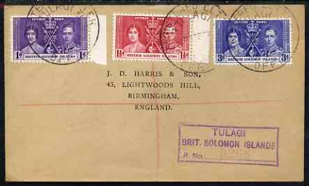Solomon Islands 1937 KG6 Coronation set of 3 on reg cover with first day cancel addressed to the forger, J D Harris.  Harris was imprisoned for 9 months after Robson Lowe exposed him for applying forged first day cancels to Coronation covers (details supplied).  Covers purporting to originate from the Solomons are among those identified as forged and are cited in the text., stamps on , stamps on  kg6 , stamps on forgery, stamps on forger, stamps on forgeries, stamps on coronation