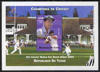 Chad 2002 Cricket World Cup perf m/sheet #1 showing Adam Gilchrist unmounted mint. Note this item is privately produced and is offered purely on its thematic appeal. , stamps on , stamps on  stamps on personalities, stamps on  stamps on sport, stamps on  stamps on cricket