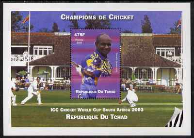 Chad 2002 Cricket World Cup perf m/sheet #3 showing Sanath Jayasuriya unmounted mint. Note this item is privately produced and is offered purely on its thematic appeal. , stamps on personalities, stamps on sport, stamps on cricket