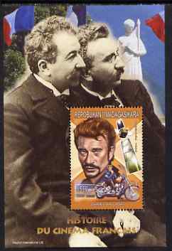 Madagascar 1999 French Cinema Stars perf m/sheet #6 showing Johnny Hallyday unmounted mint. Note this item is privately produced and is offered purely on its thematic app..., stamps on personalities, stamps on films, stamps on cinema, stamps on entertainments, stamps on movies, stamps on motorbikes, stamps on satellites, stamps on space