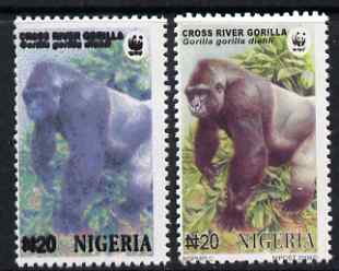 Nigeria 2008 WWF - Gorilla N20 perf essay trial with an overal bluish colour, very thick lettering and without imprint complete with normal for comparison, unmounted mint but some ink offset.  Very few produced, stamps on animals, stamps on  wwf , stamps on apes