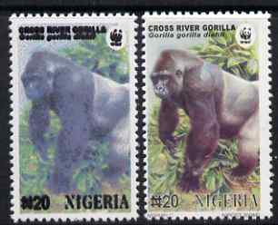 Nigeria 2008 WWF - Gorilla N20 perf essay trial with an overal bluish colour, very thick lettering and without imprint - this example unusually shows the country as XIGERIA (Broken N) complete with normal for comparison, unmounted mint but some ink offset.  , stamps on animals, stamps on  wwf , stamps on apes