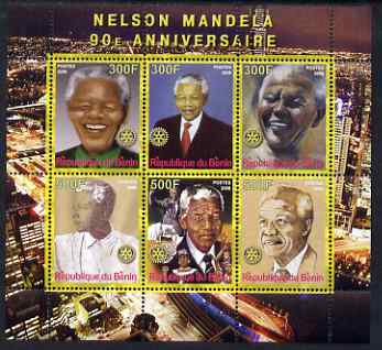 Benin 2008 Nelson Mandela 90th Birthday perf sheetlet containing 6 values each with Rotary Logo, unmounted mint, stamps on , stamps on  stamps on personalities, stamps on  stamps on rotary, stamps on  stamps on mandela, stamps on  stamps on nobel, stamps on  stamps on personalities, stamps on  stamps on mandela, stamps on  stamps on nobel, stamps on  stamps on peace, stamps on  stamps on racism, stamps on  stamps on human rights