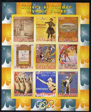 Malawi 2008 History of the Summer Olympics #1 1896-1932  imperf sheetlet containing 9 values, unmounted mint, stamps on olympics, stamps on high jump