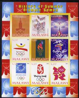 Malawi 2008 History of the Summer Olympics #3 1980-2012 imperf sheetlet containing 9 values, unmounted mint, stamps on olympics, stamps on london, stamps on 