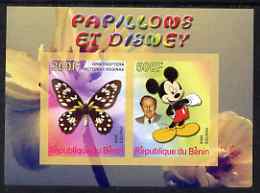 Benin 2008 Disney & Butterflies #1 imperf sheetlet containing 2 values unmounted mint, stamps on butterflies, stamps on disney