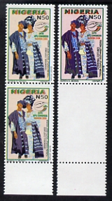 Nigeria 2008 UPU Congress N50 (Ceremonial Costumes) proof pair from trial sheet showing lower stamp completely blank - two trial sheets of 43 were produced with 7 blanks - the trials are also in a different shade from the issued stamp, a matched pair accompany.  The proof sheets show no marginal inscriptions or plate numbers. (see scan for complete lower two rows) unmounted mint, stamps on , stamps on  upu , stamps on costumes