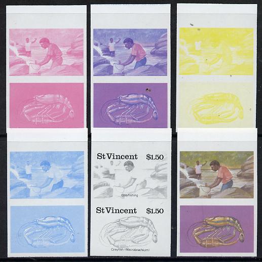 St Vincent 1986 Freshwater Fishing (Crayfishing) $1.50 set of 6 imperf progressive proofs in se-tenant pairs comprising the 4 individual colours plus 2 & 3-colour composites (as SG 1047a), stamps on , stamps on  stamps on fish     marine-life