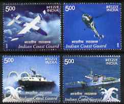 India 2008 Coast Guard perf set of 4 values unmounted mint, stamps on ships, stamps on helicopters, stamps on hovercraft, stamps on flat tops, stamps on rescue, stamps on aviation