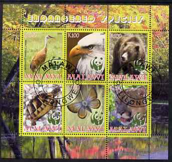 Malawi 2008 WWF - endangered Species perf sheetlet containing 6 values fine cto used, stamps on animals, stamps on  wwf , stamps on eagles, stamps on lions, stamps on panthers, stamps on birds of prey, stamps on pandas, stamps on beras, stamps on birds, stamps on tortoises, stamps on 