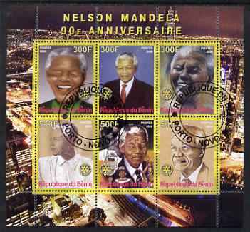 Benin 2008 Nelson Mandela 90th Birthday perf sheetlet containing 6 values each with Rotary Logo, fine cto used, stamps on personalities, stamps on rotary, stamps on mandela, stamps on nobel, stamps on personalities, stamps on mandela, stamps on nobel, stamps on peace, stamps on racism, stamps on human rights
