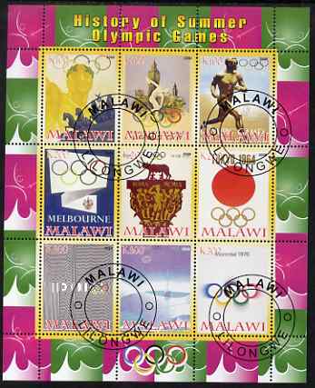 Malawi 2008 History of the Summer Olympics #2 1936-1976 perf sheetlet containing 9 values, fine cto used, stamps on olympics, stamps on running, stamps on london, stamps on 