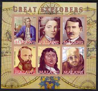 Malawi 2008 Great Explorers #2 imperf sheetlet containing 6 values unmounted mint, stamps on personalities, stamps on explorers, stamps on cook, stamps on livingstone, stamps on burke, stamps on scots, stamps on scotland