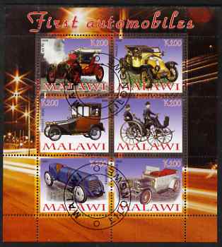 Malawi 2008 First Automobiles perf sheetlet containing 6 values fine cto used, stamps on cars, stamps on opel, stamps on peugeot, stamps on mercedes, stamps on renault, stamps on rolls royce, stamps on daimler