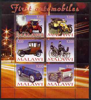 Malawi 2008 First Automobiles perf sheetlet containing 6 values unmounted mint, stamps on cars, stamps on opel, stamps on peugeot, stamps on mercedes, stamps on renault, stamps on rolls royce, stamps on daimler