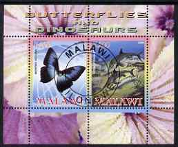 Malawi 2008 Butterflies & Dinosaurs #2 perf sheetlet containing 2 values fine cto used, stamps on butterflies, stamps on dinosaurs, stamps on dolphins
