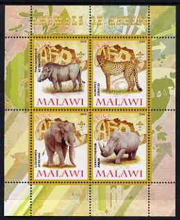 Malawi 2008 Animals of Africa #1 perf sheetlet containing 4 values, each with Scout logo unmounted mint, stamps on animals, stamps on elephants, stamps on warthogs, stamps on swine, stamps on rhinos, stamps on cats, stamps on cheetah, stamps on scouts