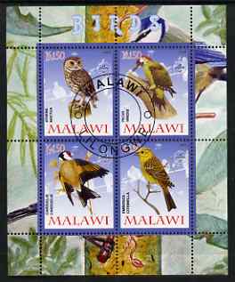 Malawi 2008 Birds #1 perf sheetlet containing 4 values, each with Scout logo fine cto used, stamps on birds, stamps on scouts, stamps on owls, stamps on woodpeckers, stamps on goldfinch, stamps on birds of prey