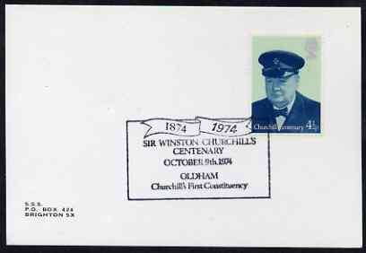 Postmark - Great Britain 1974 card bearing illustrated cancellation for Churchill Centenary (Oldham - Churchils First Constituency), stamps on churchill, stamps on personalities