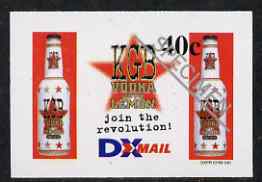 New Zealand 1999 DX Mail 40c KGB Vodka imperf optd SPECIMEN printed on reverse of advertising sheet, Stirling cat No. DXP8 unmounted mint, stamps on drink, stamps on alcohol, stamps on vodka