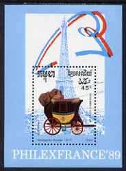 Cambodia 1989 Philexfrance - Coaches perf m/sheet unmounted mint SG MS 1027, stamps on stamp exhibitions, stamps on postal, stamps on coaches, stamps on eiffel tower