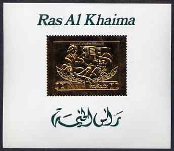 Ras Al Khaima 1971 Soviet Cosmonauts 1r deluxe sheet embossed in gold on glossy card, Mi BL A98, stamps on space