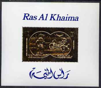 Ras Al Khaima 1972 Apollo XV 1r deluxe sheet embossed in gold on glossy card, Mi BL147, stamps on space, stamps on apollo