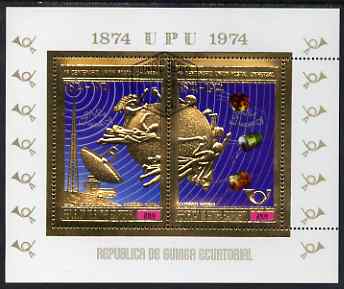 Equatorial Guinea 1974 Centenary of UPU perf s/sheet in gold with white background optd Espana 75, cto used, Mi BL142, stamps on communications, stamps on satellites, stamps on stamp exhibitions, stamps on  upu , stamps on 