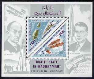 Aden - Quaiti 1968 Flight (Aircraft & Rockets) triangular perf m/sheet unmounted mint, Mi BL 25A, stamps on aviation, stamps on triangulars, stamps on space